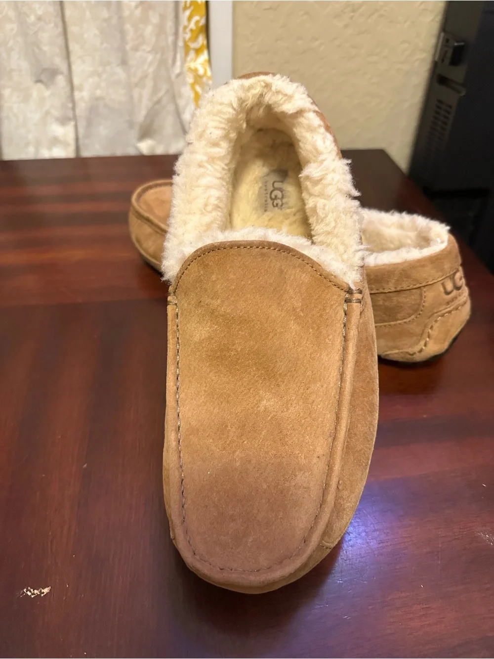 Mens UGG Ascot Tan Brown Suede Lined Slippers Shoes Moccasins Loafers Size 11
